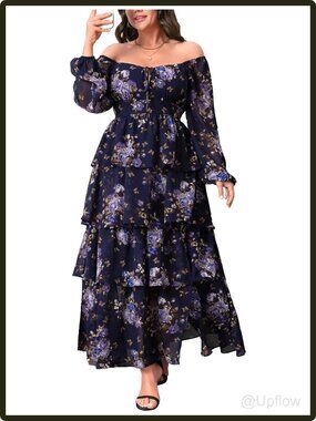 Women's Plus Size Blue Long Sleeve Floral Maxi Dress High Waist Ruffle Slit